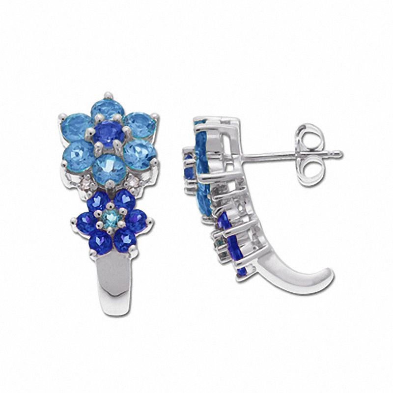 Blue Topaz and Iolite Flower Earrings in 14K White Gold with Diamond Accents
