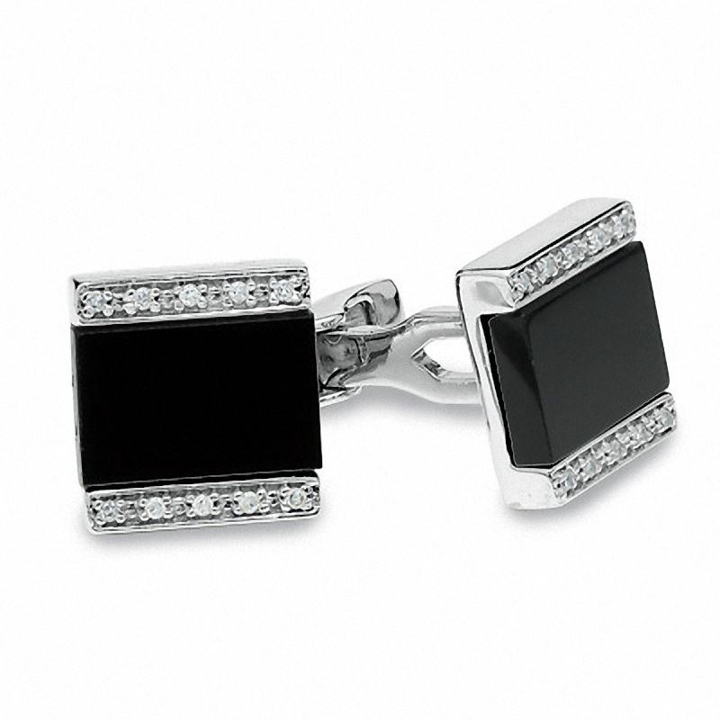 Zales Men's Onyx and Diamond Cuff Links in Sterling Silver