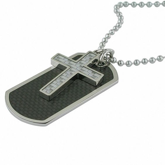 Men's Stainless Steel Cross and Dog Tag Pendant with Carbon Fiber Inlay ...