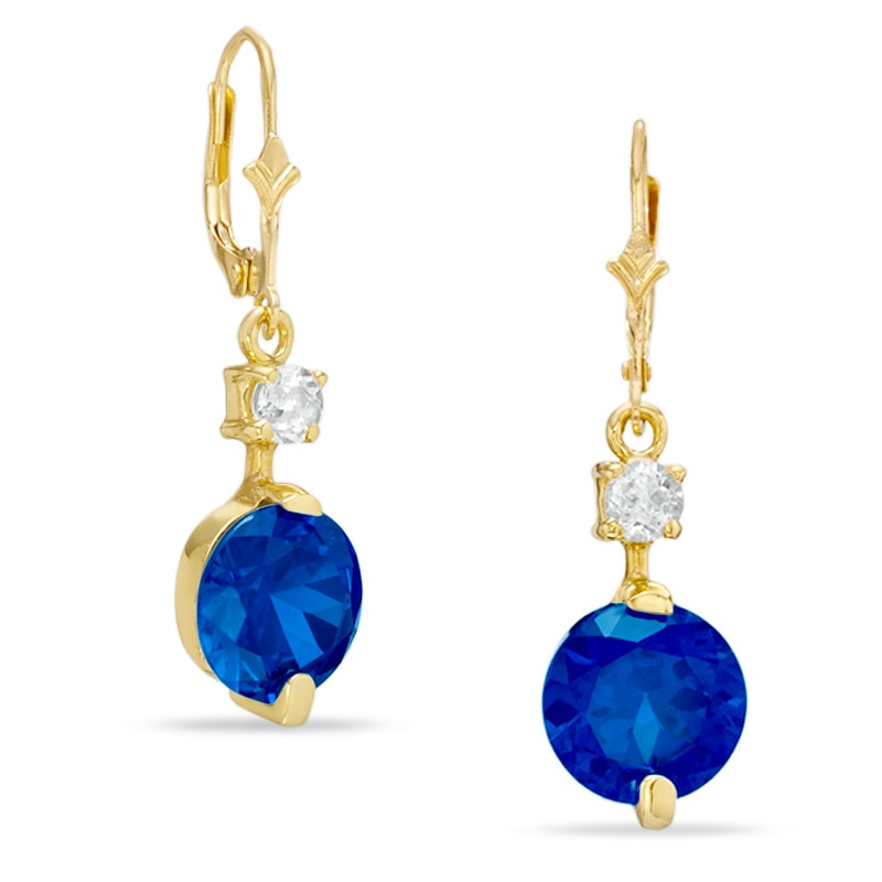 Lab-Created Blue and White Sapphire Drop Earrings in 10K Gold | Zales
