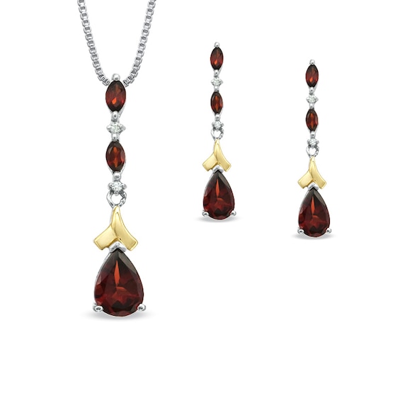 Pear-Shaped Garnet and Diamond Accent Pendant and Earrings Set in ...