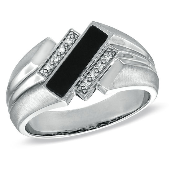 Men's Rectangular Onyx and Diamond Accent Ring in 10K White Gold ...