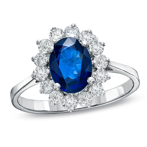 Oval Blue Sapphire and 3/8 CT. T.W. Diamond Frame Engagement Ring in ...