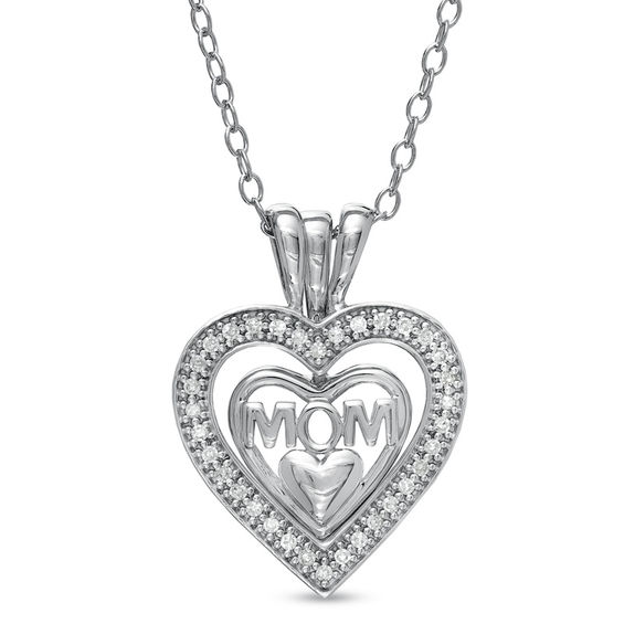 1/10 CT. T.w. Diamond MOM Triple Heart Pendant in Sterling Silver