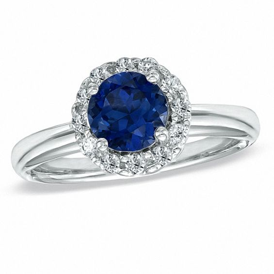 Lab-Created Blue Sapphire and 1/4 CT. T.W. Diamond Engagement Ring in ...