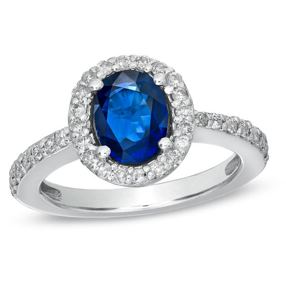Oval Blue Sapphire and 1/2 CT. T.W. Diamond Frame Engagement Ring in ...