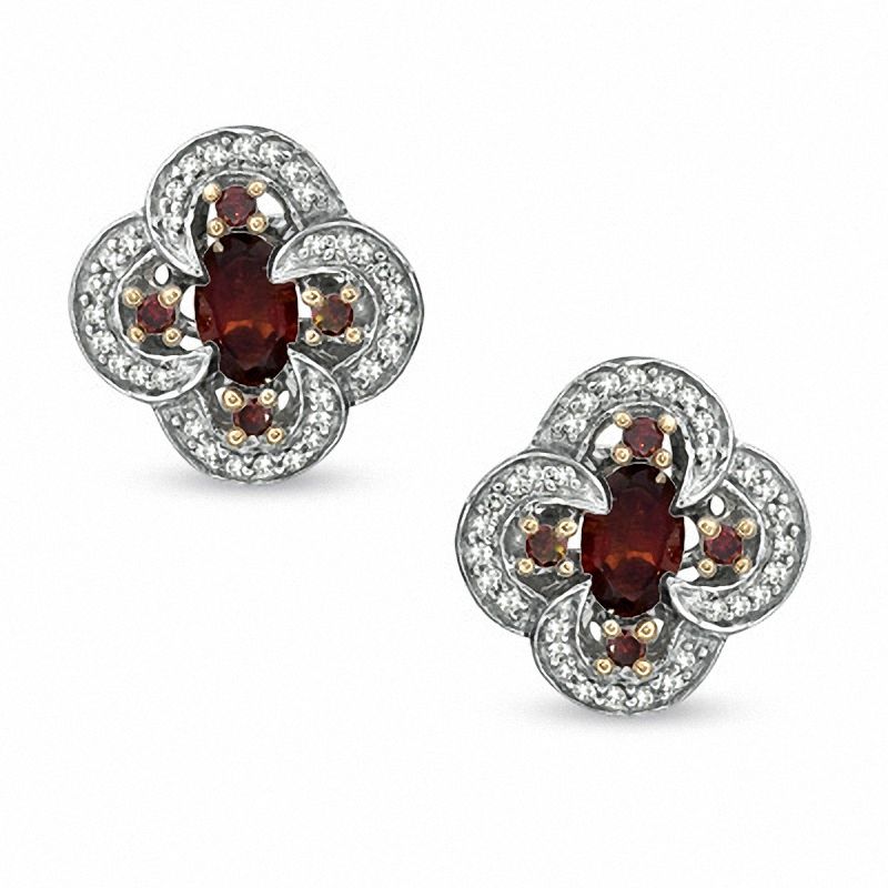 Oval Garnet and 1/3 CT. T.W. Enhanced Red and White Diamond Earrings in Sterling Silver