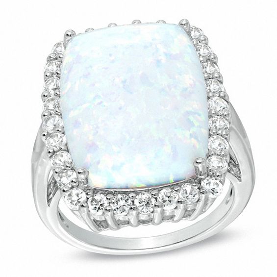 Cushion-Cut Lab-Created Opal and White Sapphire Frame Ring in Sterling Silver