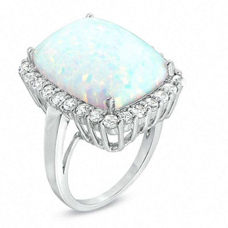Cushion-Cut Lab-Created Opal and White Sapphire Frame Ring in Sterling Silver
