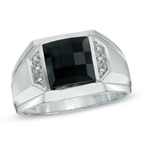 Men's 8.5mm Square-Cut Onyx and Diamond Accent Ring in 14K White Gold ...