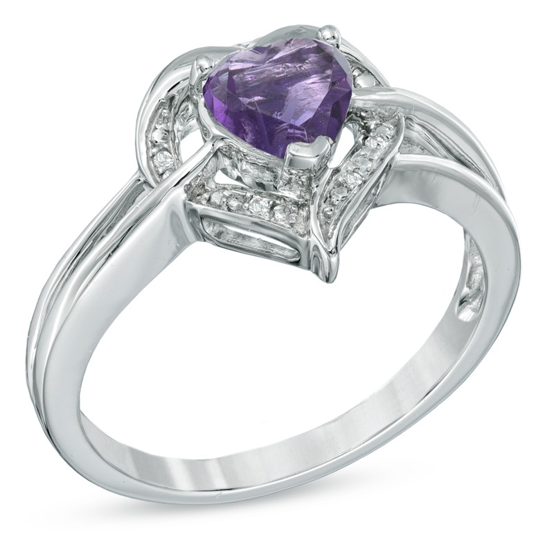 6.0mm Heart-Shaped Amethyst and Diamond Accent Ring in Sterling Silver ...