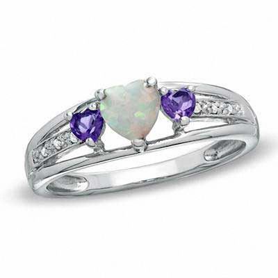 5.0mm Heart-Shaped Lab-Created Opal, Amethyst and Diamond Accent Ring in  Sterling Silver | Zales