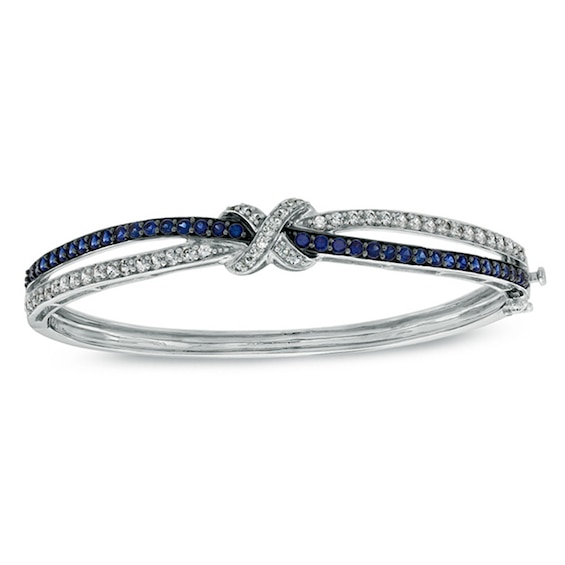 Lab-Created Blue and White Sapphire Bangle in Sterling Silver
