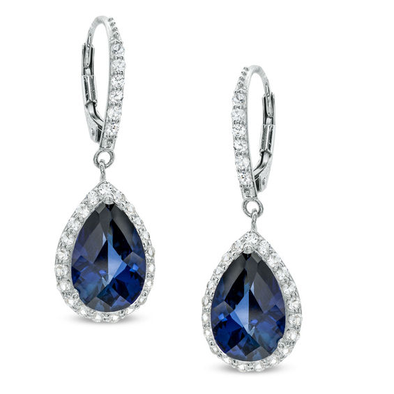 Pear-Shaped Lab-Created Blue and White Sapphire Frame Drop Earrings in ...