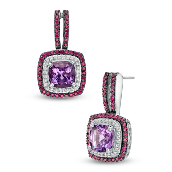 8.0mm Cushion-Cut Amethyst, Lab-Created Ruby and White Sapphire Drop Earrings in Sterling Silver
