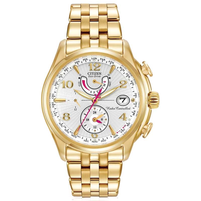 Ladies' Citizen Eco-Drive® World Chronograph A-T Gold-Tone Watch with White Dial (Model: FC0002-53A)