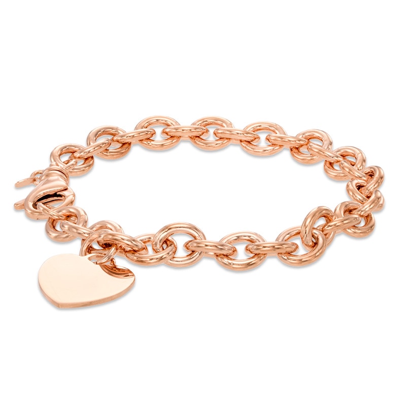 7.6mm Chunky Link Chain Bracelet with Heart Charm in Sterling Silver with 14K Rose Gold Plate - 7.5"