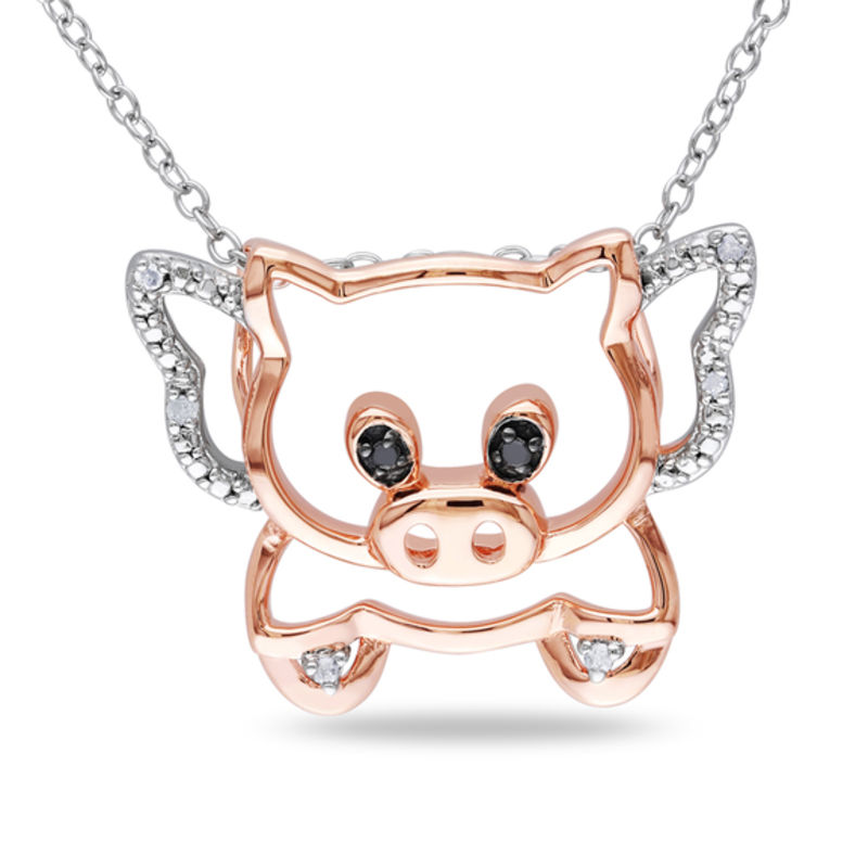 Main Image 1 of Enhanced Black and White Diamond Accent Flying Pig Pendant in Two-Tone Sterling Silver