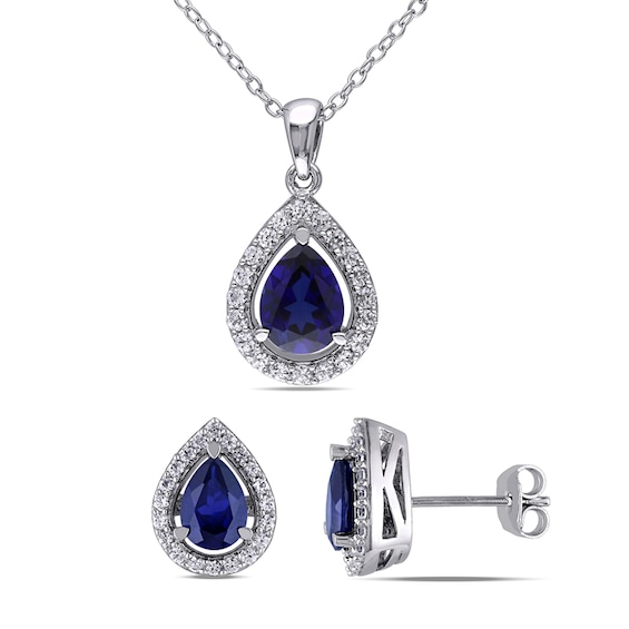Pear-Shaped Lab-Created Blue and White Sapphire Frame Pendant and Stud ...