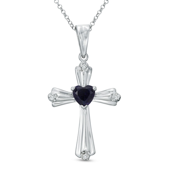 5.0mm Heart-Shaped Lab-Created Blue Sapphire and Diamond Accent Cross Pendant in Sterling Silver