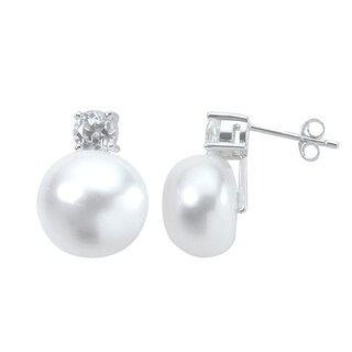 12.0 - 13.0mm Cultured Freshwater Pearl and White Topaz Stud Earrings ...