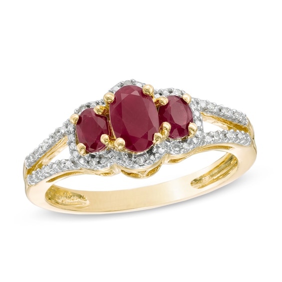 Oval Ruby and Diamond Accent Three Stone Ring in 10K Gold