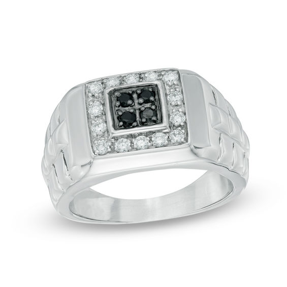 Men's 1/2 CT. T.W. Enhanced Black and White Diamond Ring in 10K White ...