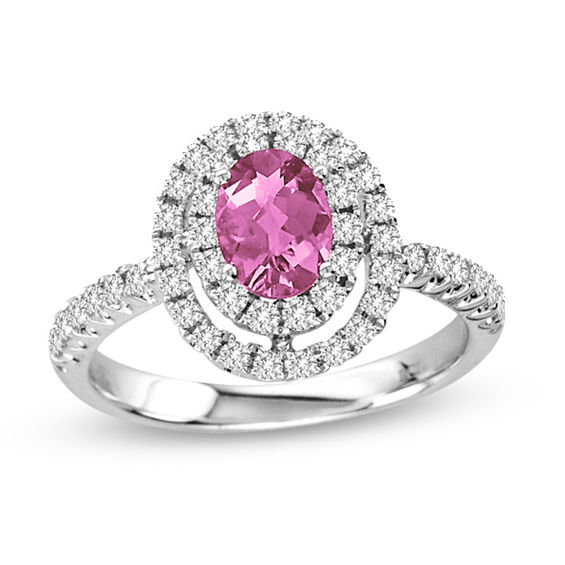 Oval Pink Sapphire and 1/2 CT. T.W. Diamond Double Frame Ring in 14K ...