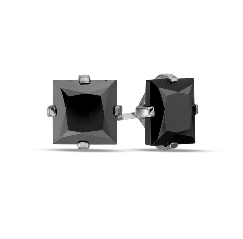 Men's 7.0mm Square Black Spinel Solitaire Stud Earrings in Sterling Silver with Black Rhodium