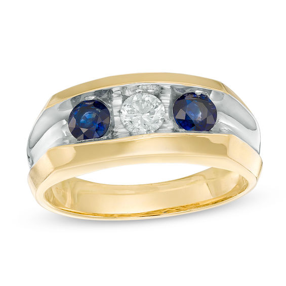 Men's Blue Sapphire and 1/3 CT. Diamond Three-Stone Ring in 10K Gold ...