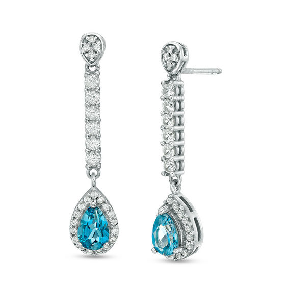 Pear-Shaped London Blue Topaz and Lab-Created White Sapphire Frame Drop Earrings in Sterling Silver