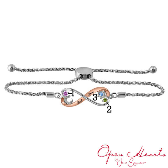 Open Hearts by Jane Seymourâ¢ Birthstone Bracelet in Sterling Silver with 10K Rose Gold (3 Stones and 2 Names)