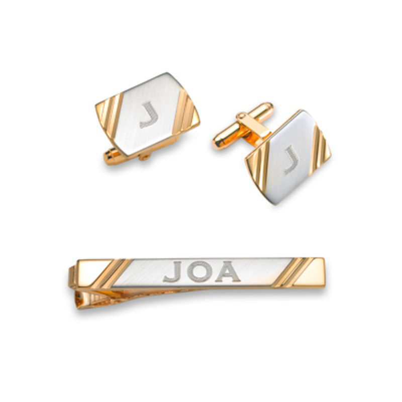 Men's Engravable Tie Bar and Cuff Links Set in Brass and 18K Gold Plate (1-3 Initials)