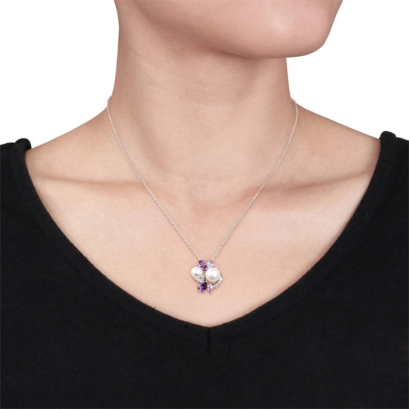 Freshwater Cultured Pearl, Amethyst and Lab-Created Pink and White Sapphire Cluster Pendant in Sterling Silver