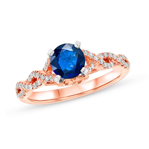5.5mm Blue Sapphire and 1/5 CT. T.W. Diamond Braid Ring in 14K Rose ...