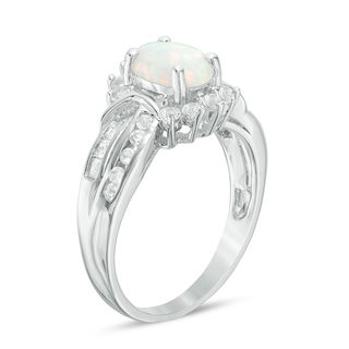 Oval Lab-Created Opal with White Topaz Frame Double Row Ring in ...