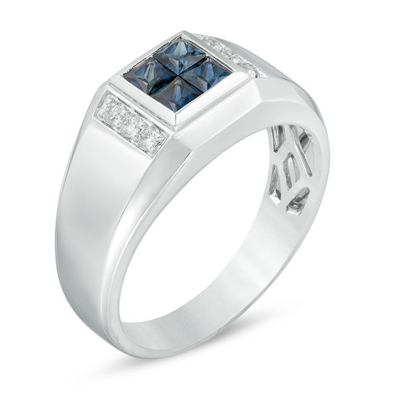 Men's Quad Square Sapphire and 1/8 CT. T.W. Diamond Ring in 10K White ...