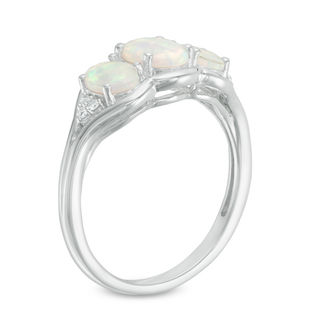 Oval Lab-Created Opal and White Sapphire Three Stone Ring in Sterling ...