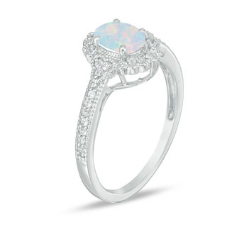 Oval Lab-Created Opal and 1/8 CT. T.W. Diamond Frame Vintage-Style Ring ...