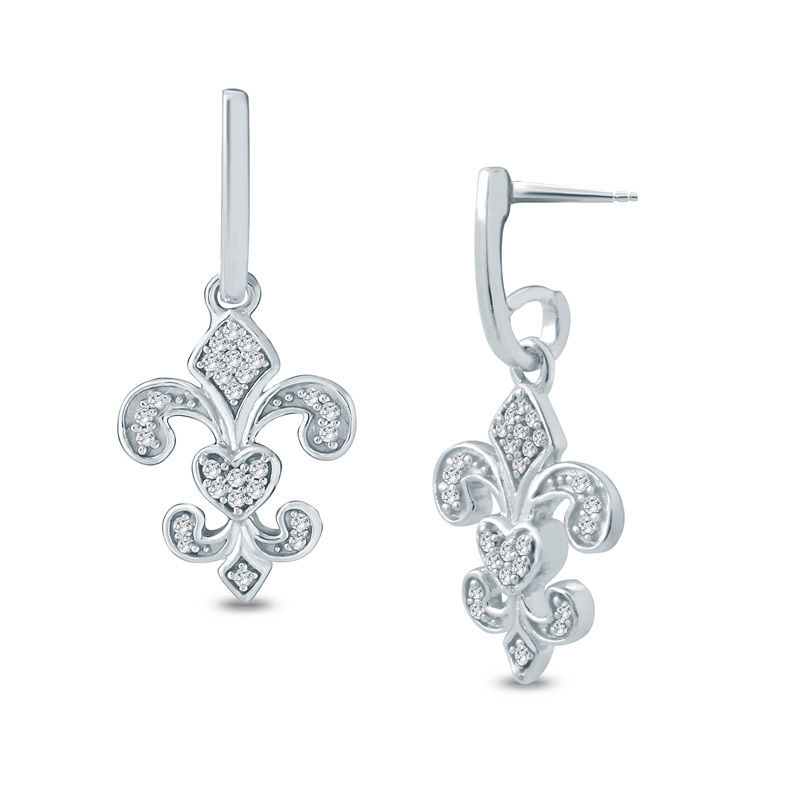 Main Image 1 of 1/10 CT. T.W. Diamond Fleur-De-Lis Drop Earrings in Sterling Silver