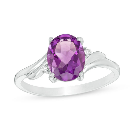 Oval Amethyst and Diamond Accent Bypass Swirl Shank Ring in 10K White ...