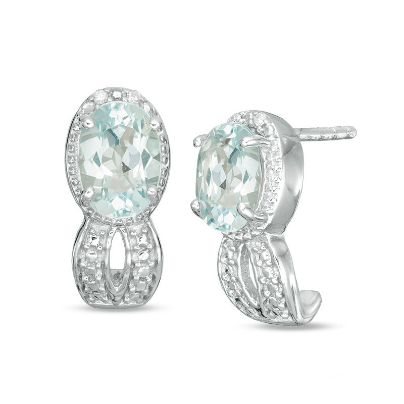 Oval Blue Topaz and Diamond Accent Bead Frame J-Hoop Earrings in Sterling Silver