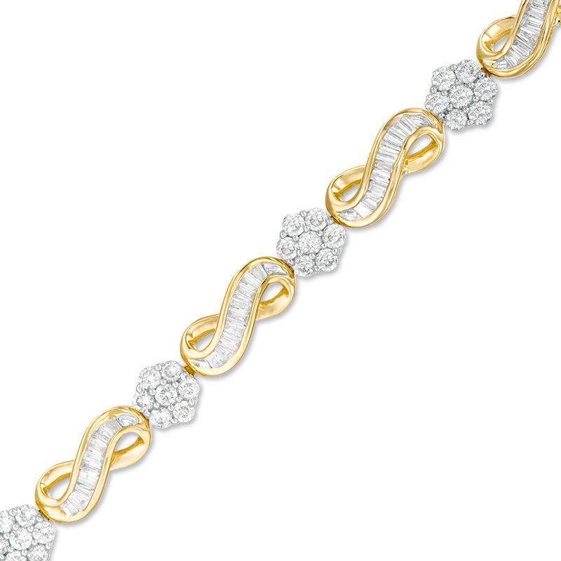 2 CT. T.W. Baguette and Round Composite Diamond Infinity Link Bracelet in 10K Gold - 7.25"