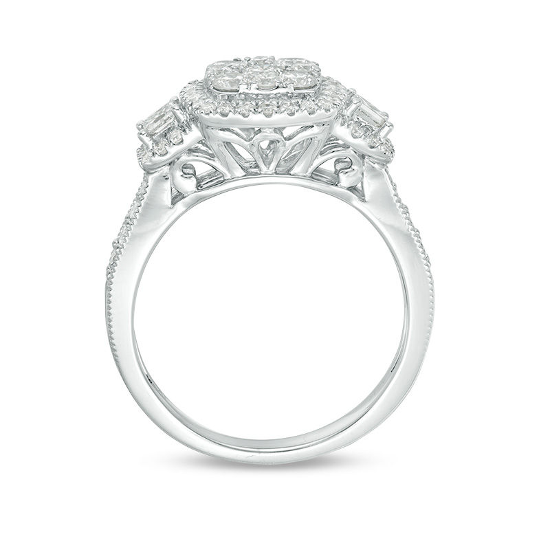 1 CT. T.W. Composite Diamond Cushion Frame Three Stone Engagement Ring ...