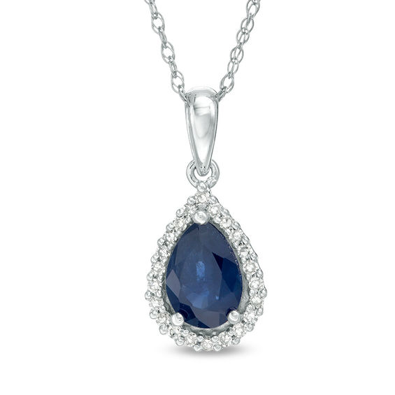Pear-Shaped Blue Sapphire and 1/15 CT. T.W. Diamond Frame Teardrop ...