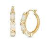 Thumbnail Image 0 of Oval Lab-Created Opal Three Stone Hoop Earrings in Sterling Silver with 18K Gold Plate