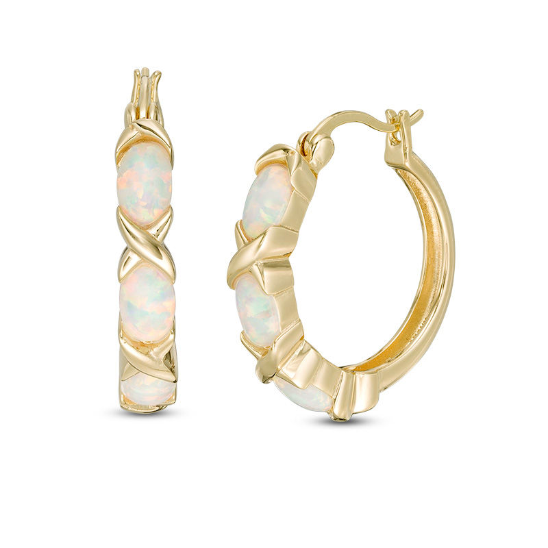 Oval Lab-Created Opal Three Stone Hoop Earrings in Sterling Silver with 18K Gold Plate