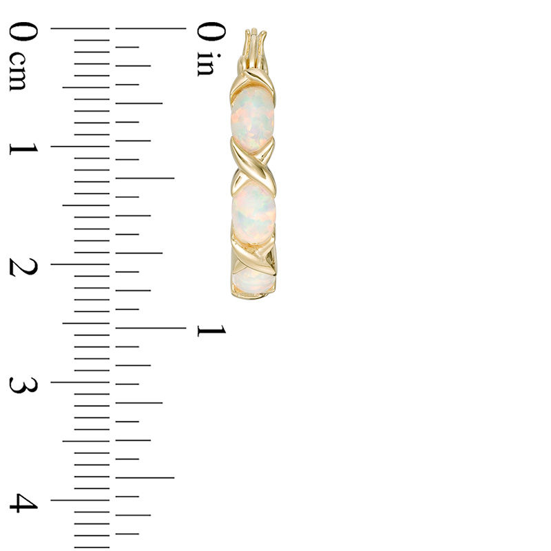 Oval Lab-Created Opal Three Stone Hoop Earrings in Sterling Silver with 18K Gold Plate