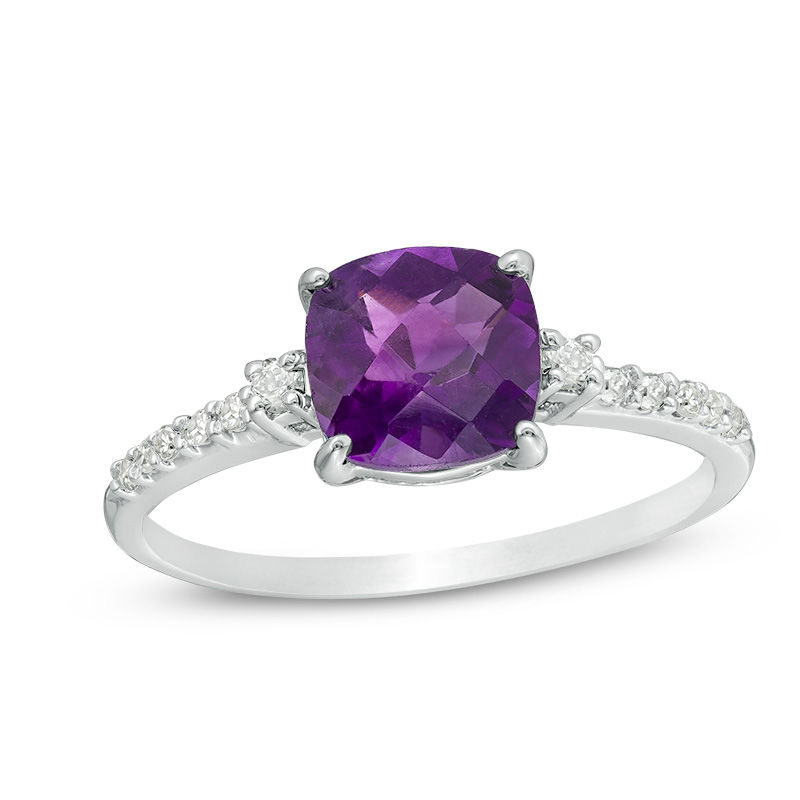 7.0mm Cushion-Cut Amethyst and 1/8 CT. T.W. Diamond Engagement Ring in ...