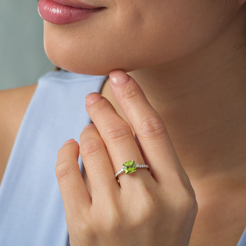 7.0mm Cushion-Cut Peridot and 1/8 CT. T.W. Diamond Engagement Ring in 10K  White Gold | Zales